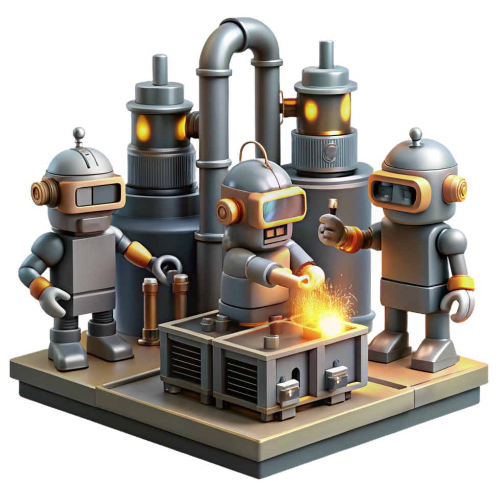 dynamic captivating A group of robots working in a futuristic factory, sparks flying, industrial and gritty, steampunk style authentic png