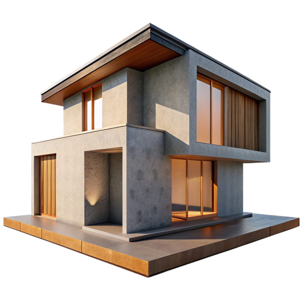 dreamy exquisite Modernist house, concrete and wood, minimalist, harsh sunlight, sharp shadows, photorealistic style exclusive png