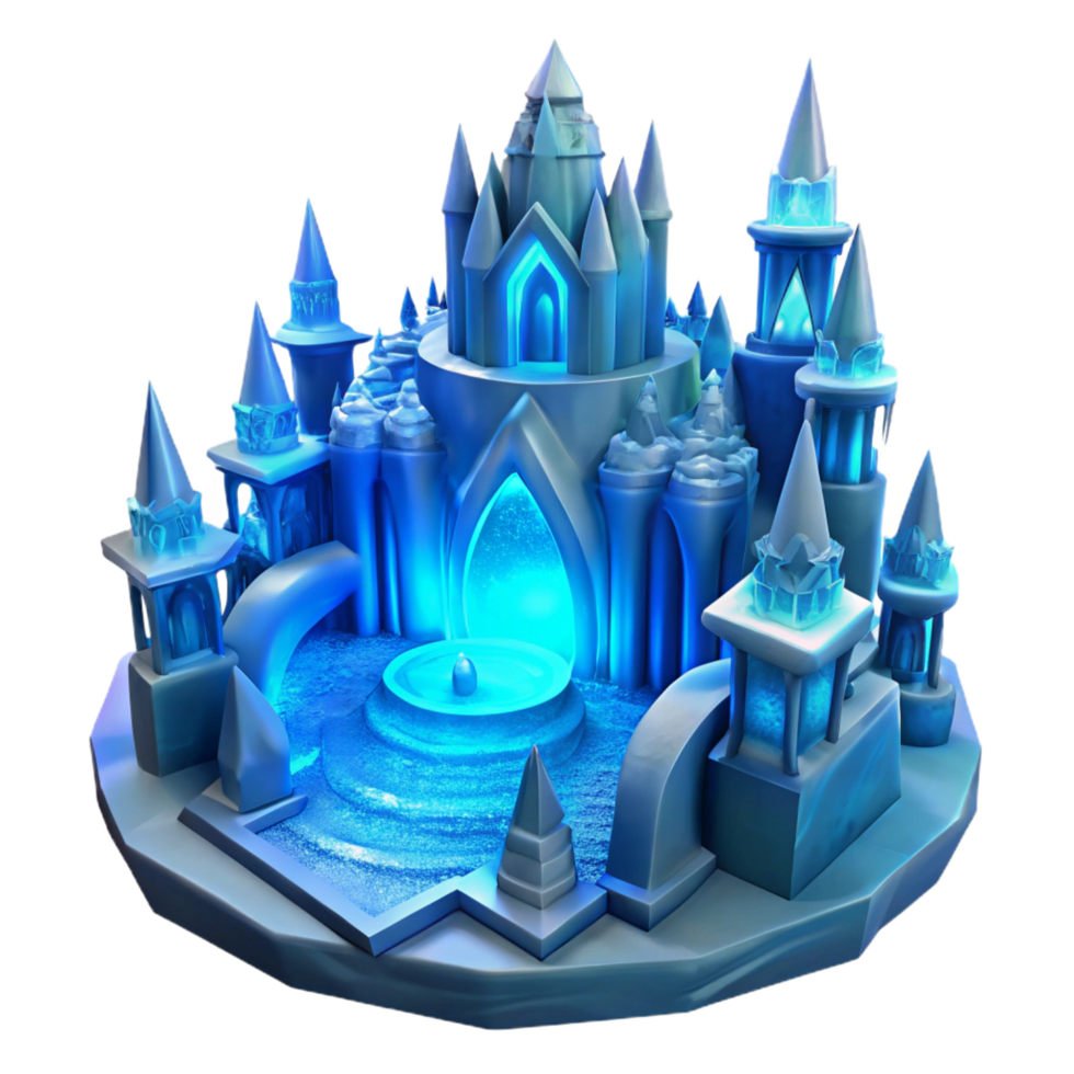 standout industrial Ice palace, intricate ice sculptures, cold blue light, magical, fantasy style high quality png