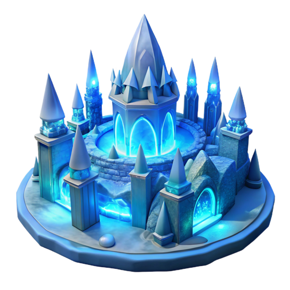 picturesque intense art deco Ice palace, intricate ice sculptures, cold blue light, magical, fantasy style 4K png