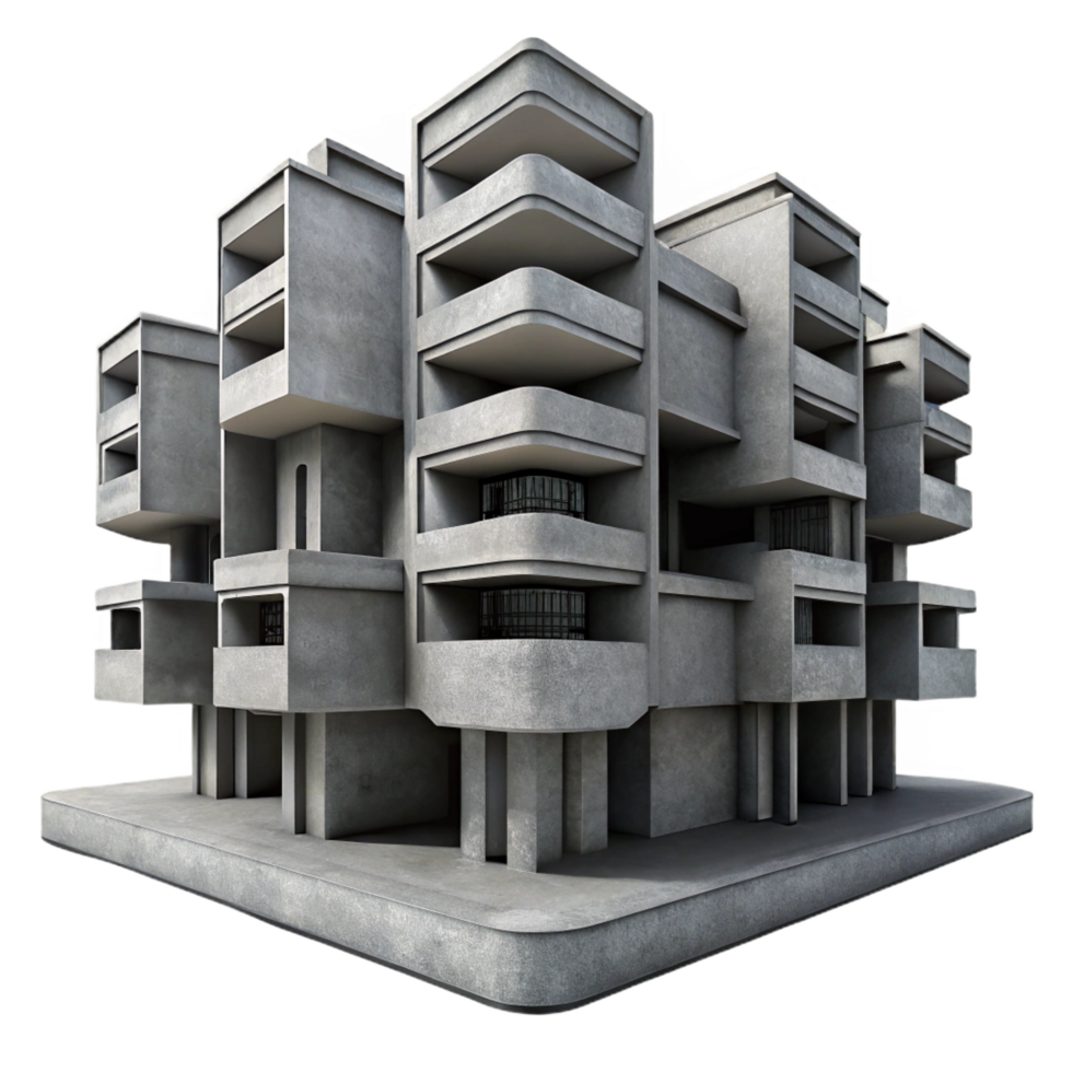 celebrated creative A Brutalist concrete apartment complex, repetitive geometric patterns, harsh shadows, dystopian atmosphere, monochrome, artisan png