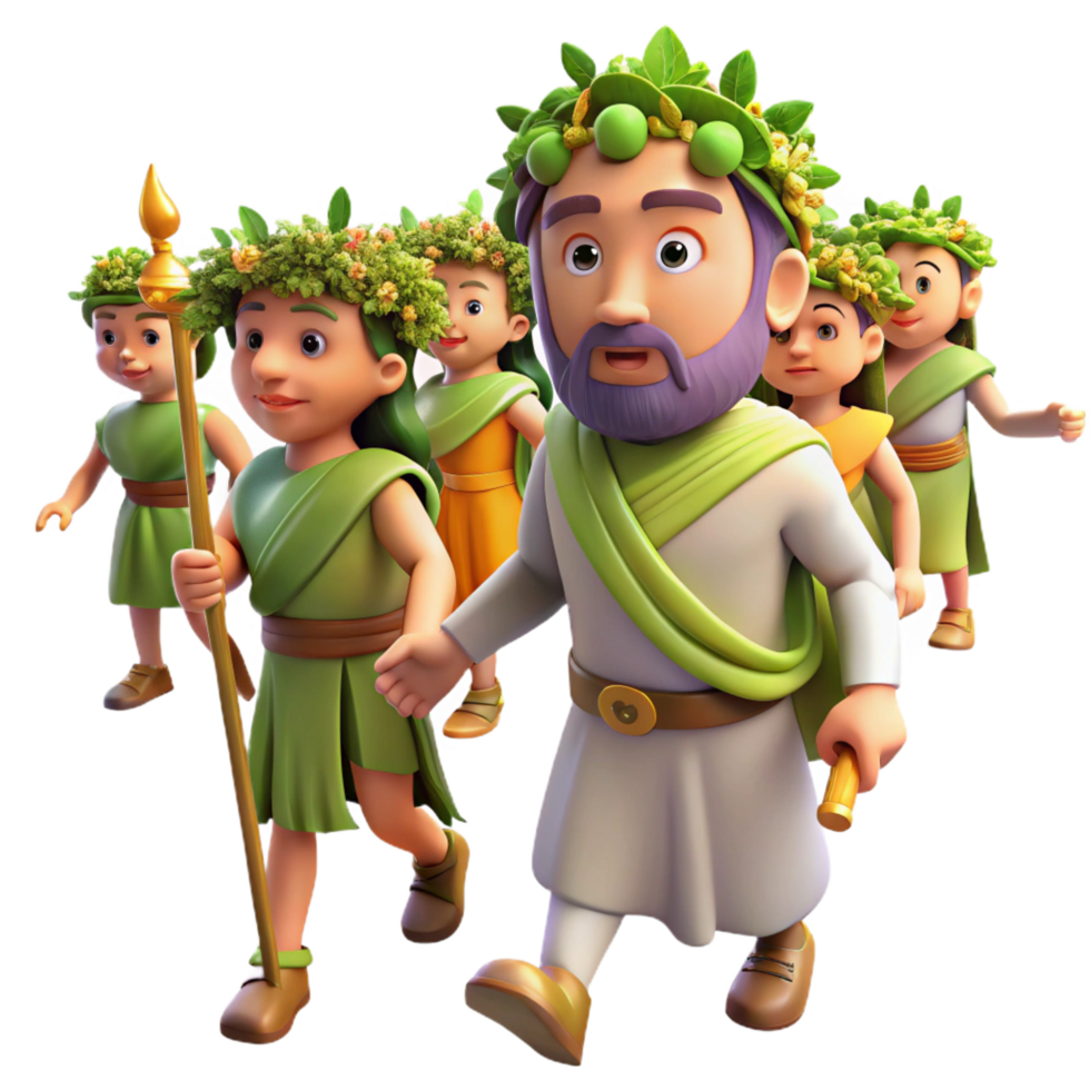 dramatic pristine A festive Dionysus leading a procession of revelers, crowned with ivy, vibrant and lively, crisp png