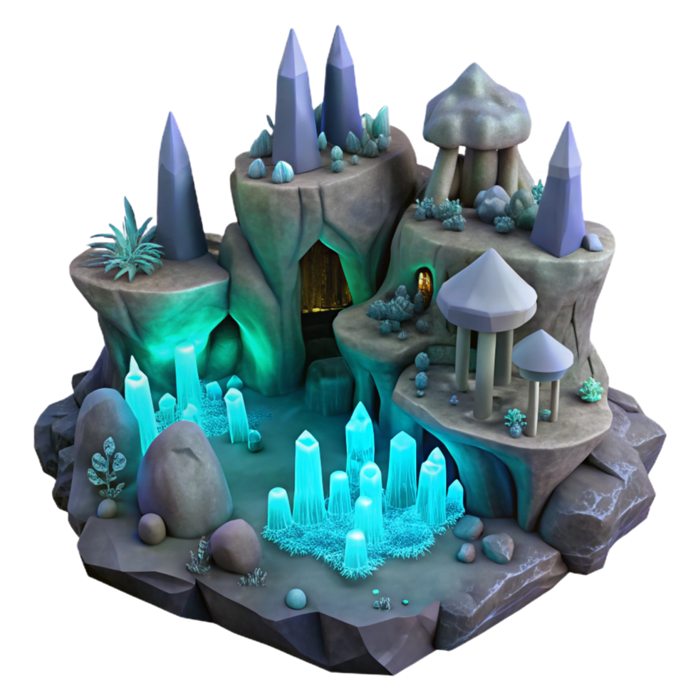 playful spectacular Underground city carved into rock, bioluminescent fungi lighting, fantasy style, matte painting, handcrafted png