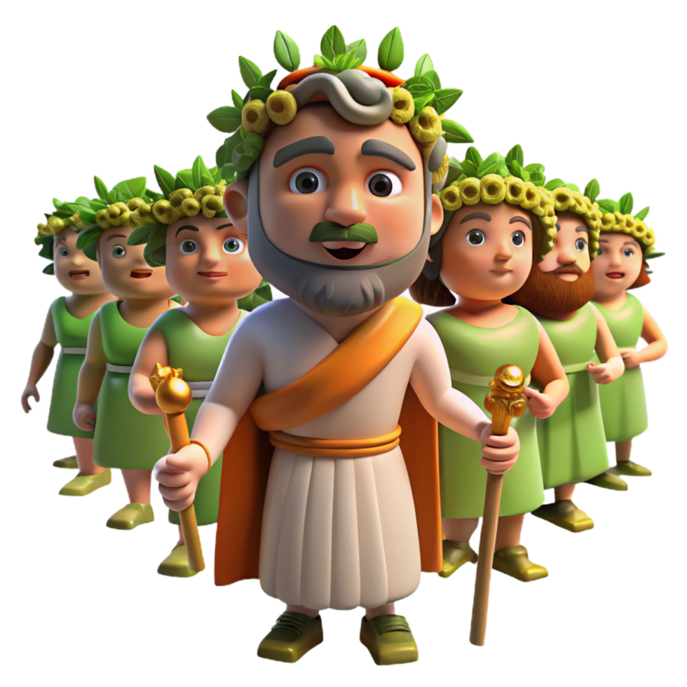 serene notable A festive Dionysus leading a procession of revelers, crowned with ivy, vibrant and lively, png
