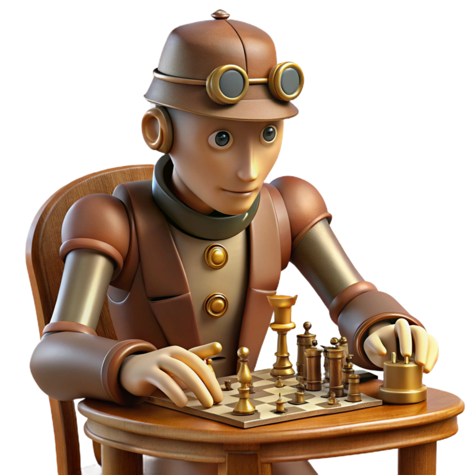 distinctive modern A steampunk automaton playing chess against a human, intellectual, ambient lighting, realistic style high resolution png