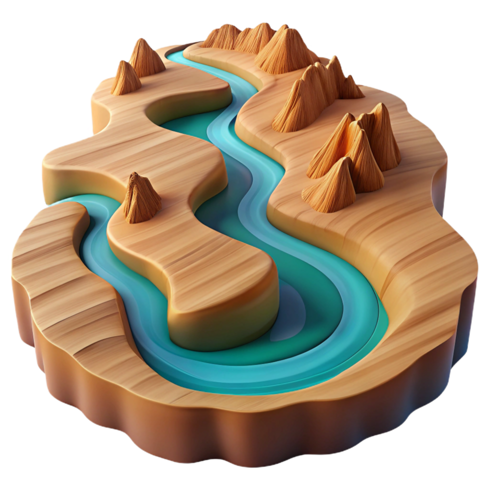 memorable avant garde A winding river carving its way through a canyon landscape. Aerial view, dramatic perspective studio quality png