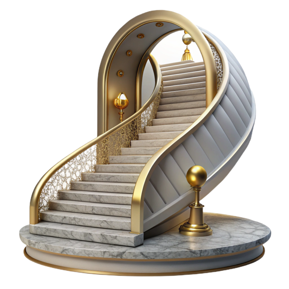 enchanting calm renaissance A grand staircase spiraling upwards, marble and gold details, ornate style, dramatic lighting, authentic png