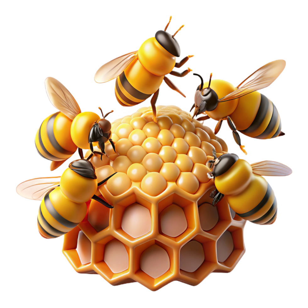 playful fascinating A swarm of honeybees buzzing around a honeycomb, close up, macro photography style precision png