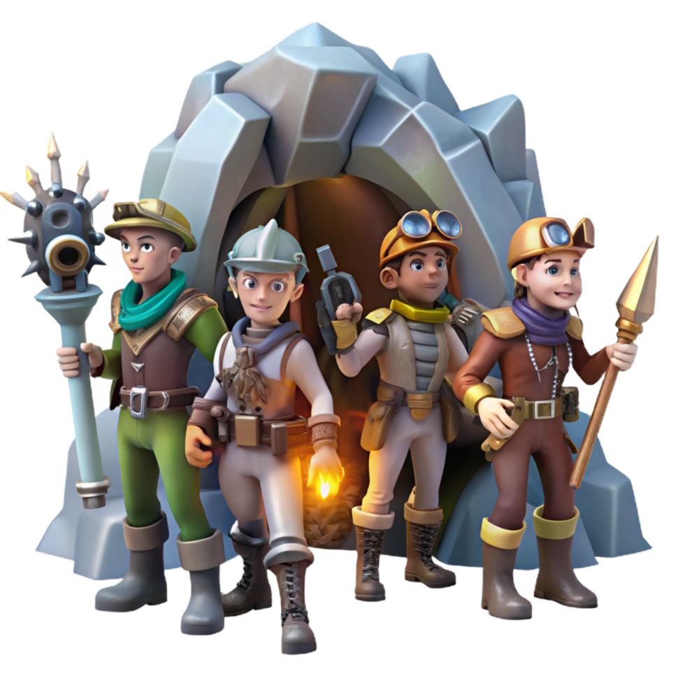 beautiful contemporary A group of steampunk explorers in elaborate costumes, exploring a hidden cavern, adventurous, cinematic lighting, concept art style detailed png