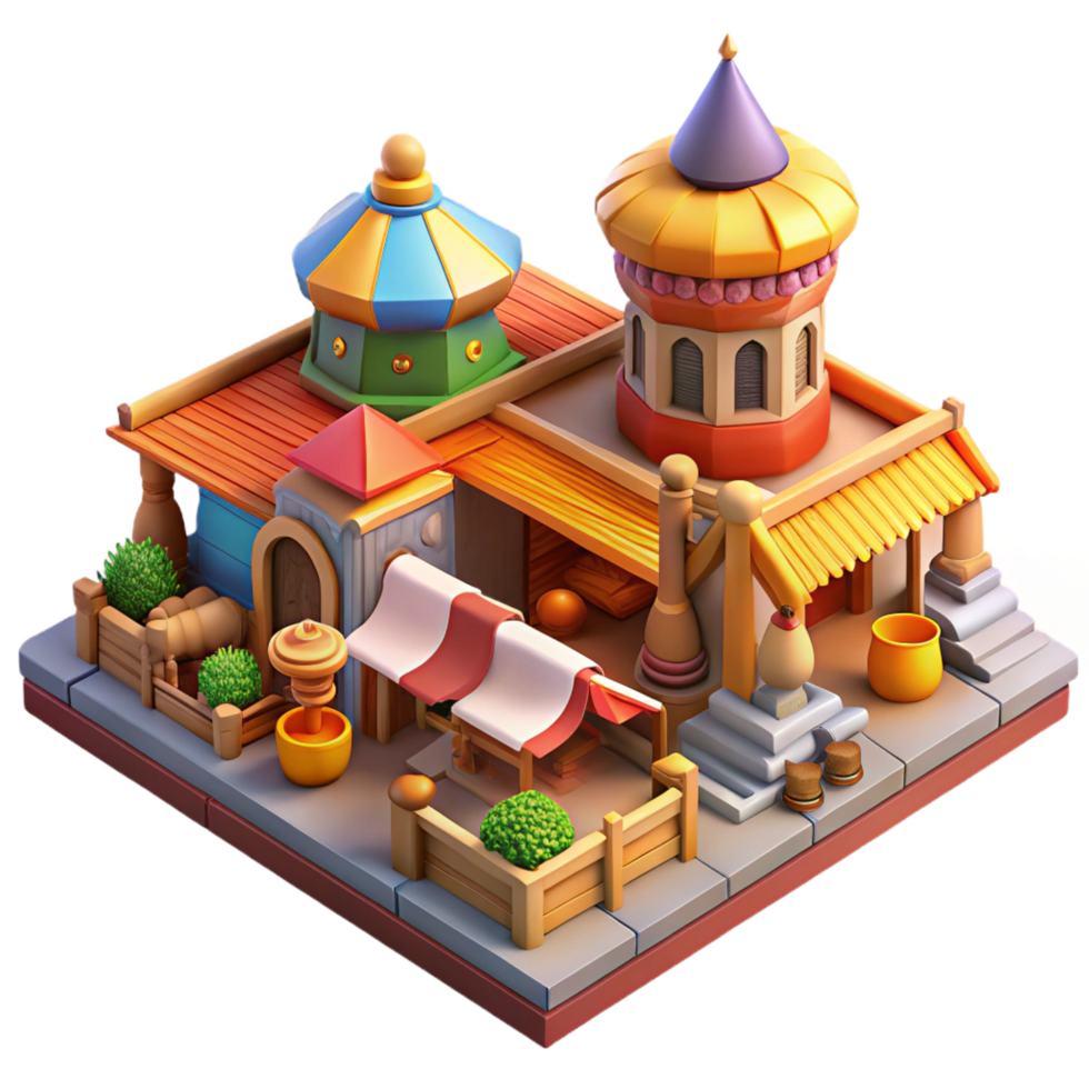 alluring standout A bustling medieval marketplace, vibrant colors, detailed architecture, lively atmosphere, isometric perspective, png
