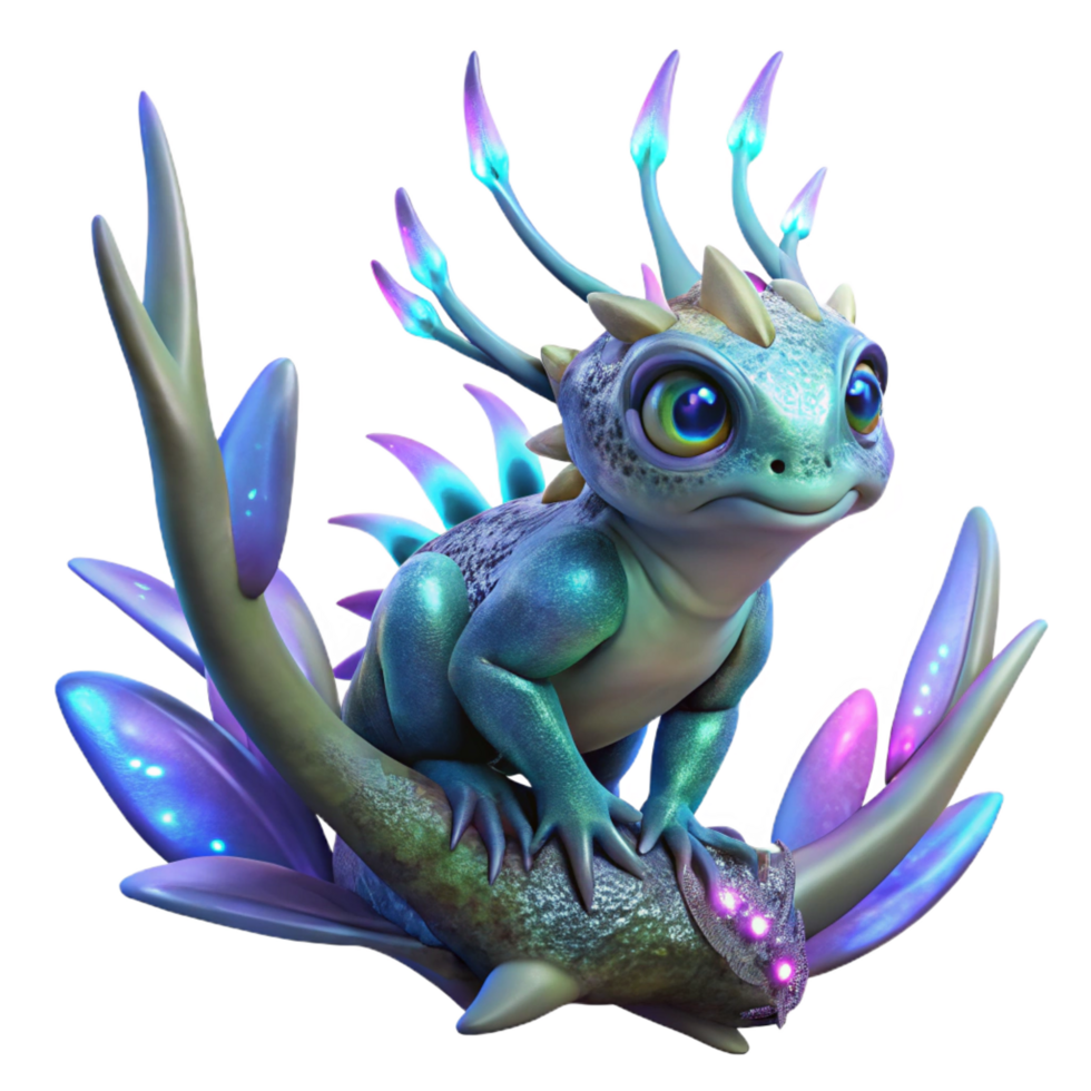 beautiful bohemian A genetically modified creature with iridescent scales and glowing eyes, perched on a crystalline branch, surrounded by bioluminescent flora. Fantasy art style, vibrant colors sharp png