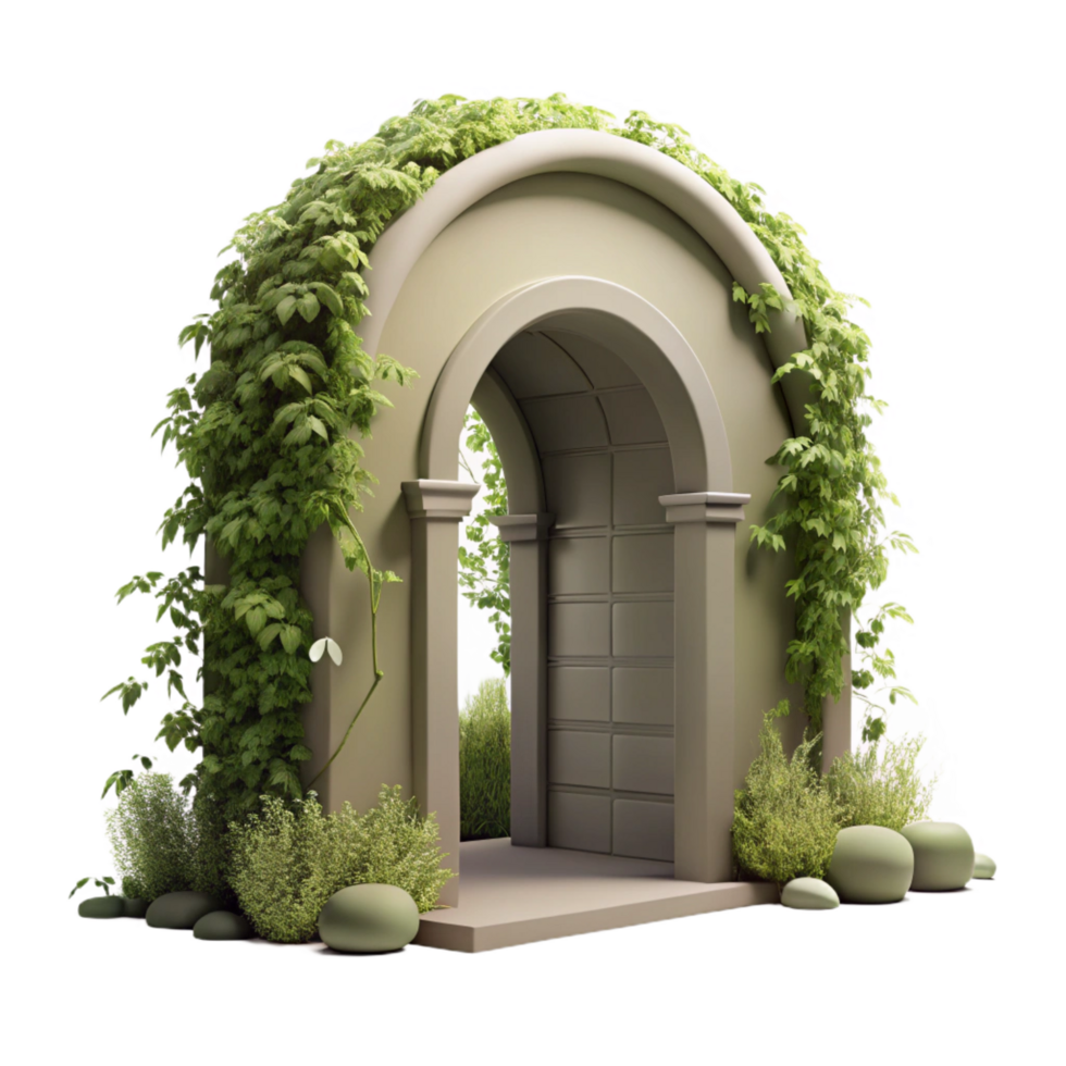 wonderful coveted An arched doorway leading to a hidden garden, overgrown with vines, soft natural light, romantic style, png