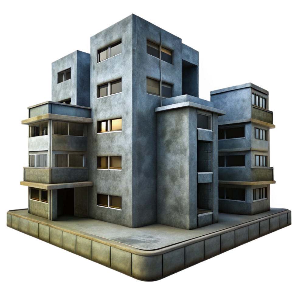 breathtaking harmonious creative A Brutalist concrete apartment complex, harsh shadows, overcast sky, dystopian atmosphere, photorealistic, flawless png
