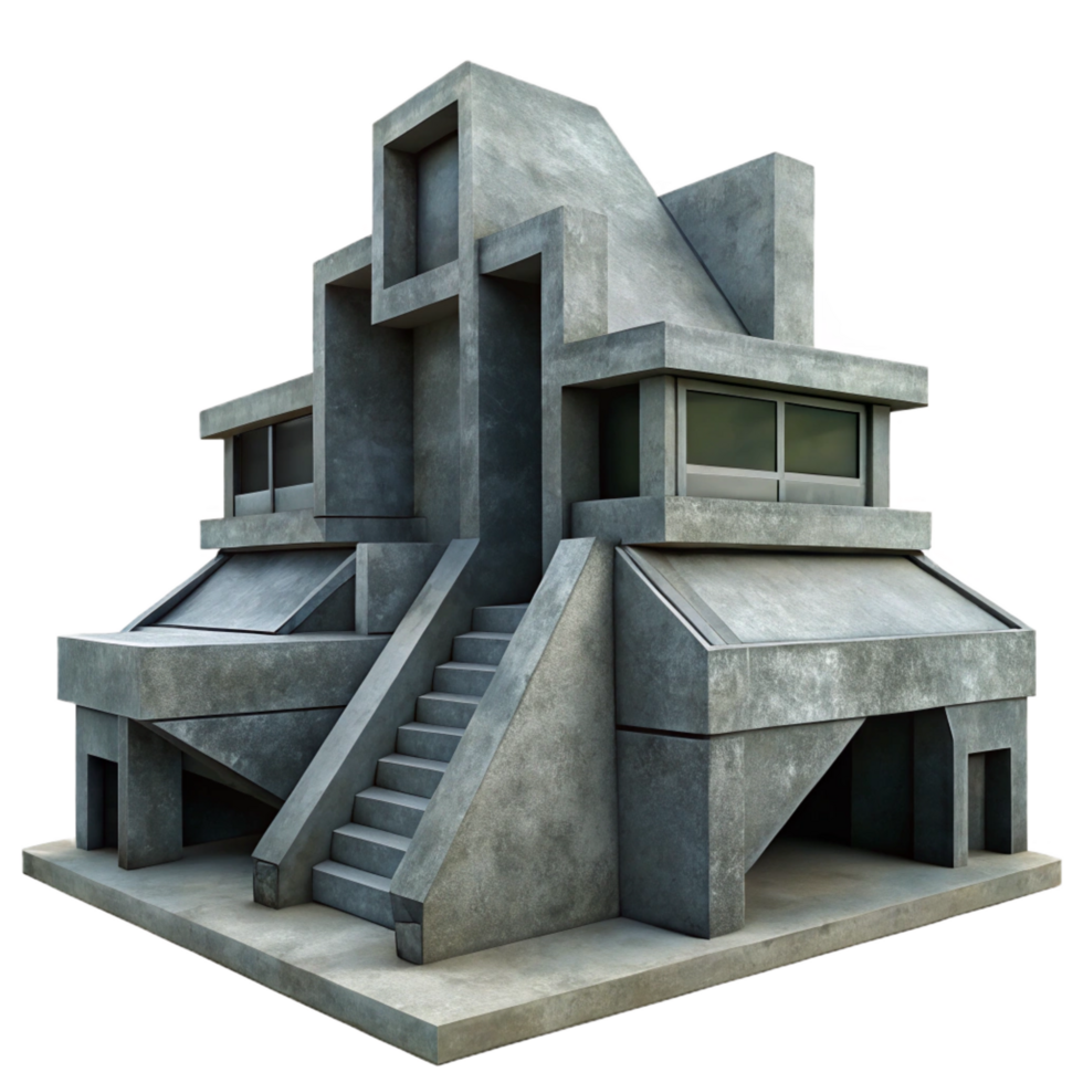 playful beautiful Brutalist concrete structure, harsh geometric shapes, overcast lighting, bleak, dystopian style exclusive png