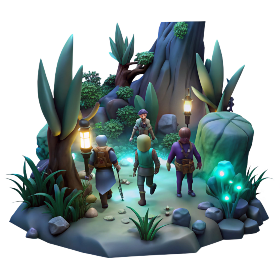 sought after vintage A group of adventurers exploring a dark, overgrown forest, dim, mysterious lighting, fantasy art style genuine png