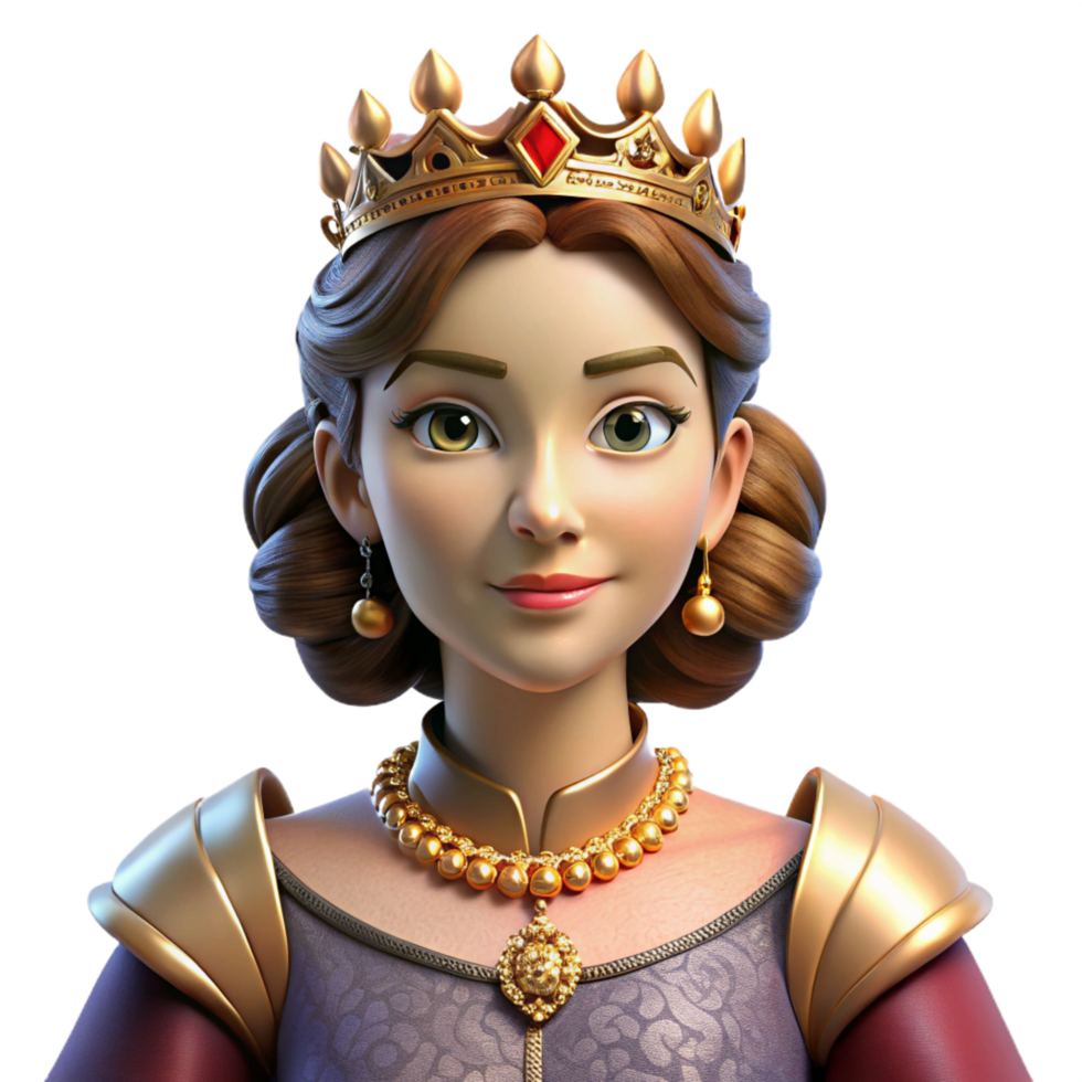 immaculate dreamy artistic Portrait of a regal queen with a jeweled crown, elaborate gown, and a commanding expression. Warm, dramatic lighting. Renaissance painting style refined png