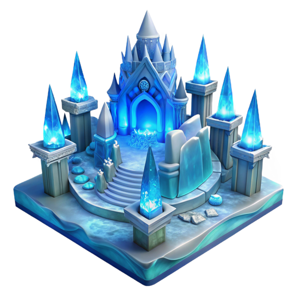 pristine retro Ice palace, intricate ice sculptures, cold blue light, magical, fantasy style ultra HD png