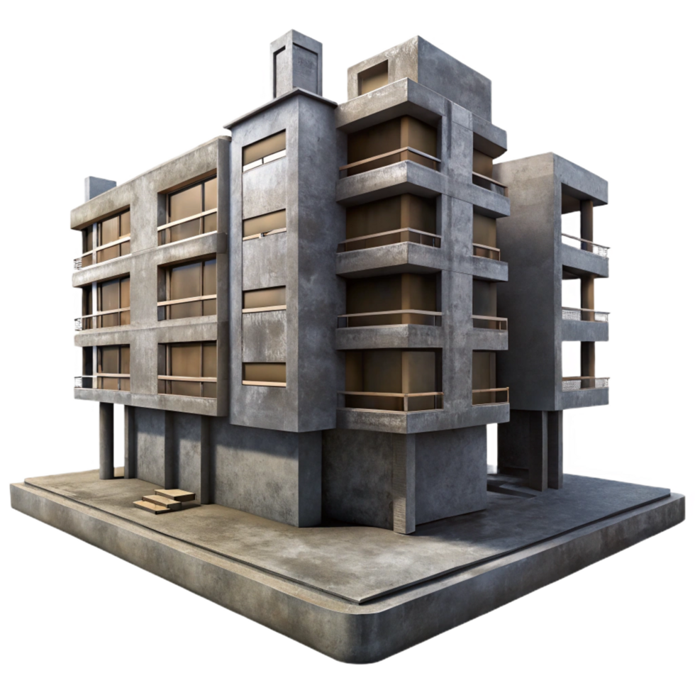 notable classic A Brutalist concrete apartment complex, harsh shadows, overcast sky, dystopian atmosphere, photorealistic, masterfully captured png
