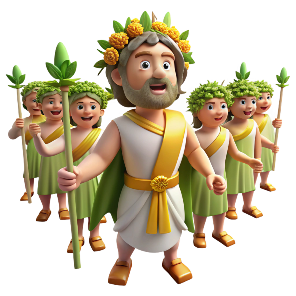 captivating coveted A festive Dionysus leading a procession of revelers, crowned with ivy, vibrant and lively, png