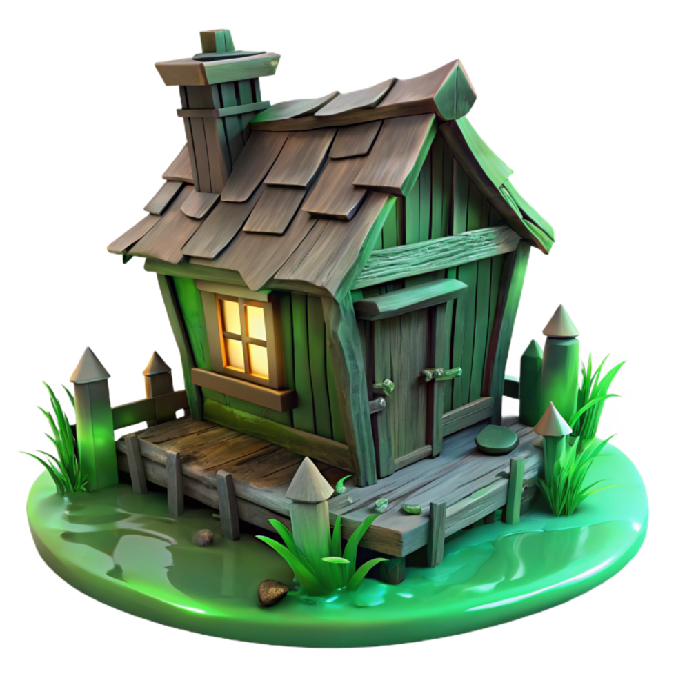 exquisite urban A dilapidated wooden shack in a swamp, eerie green lighting, horror style, high quality png