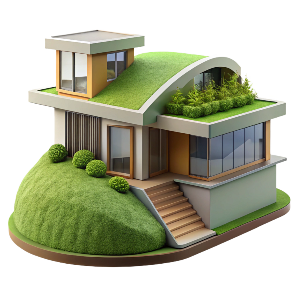 pristine futuristic A modern, eco friendly house built into a hillside, green roof, natural lighting, sustainable architecture, elite png