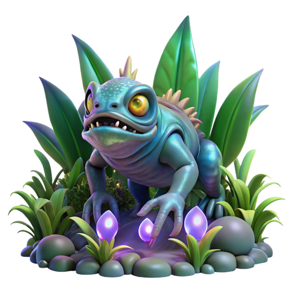 nostalgic stunning A genetically modified creature with iridescent scales, lurking in a dark jungle, bioluminescent plants illuminating the scene, eerie and suspenseful, fantasy art style sharp png