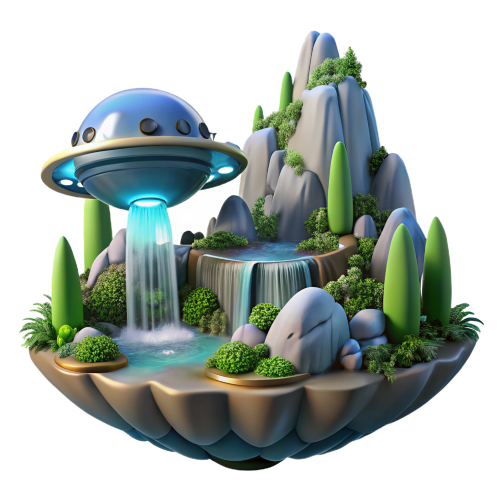mysterious immaculate A spaceship landing on a water covered planet, cascading waterfalls and lush vegetation, tranquil and serene, fantasy art style authentic png