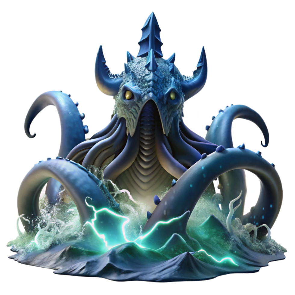 stunning harmonious gothic A majestic kraken emerging from the ocean, stormy lighting, dark fantasy style artisan png