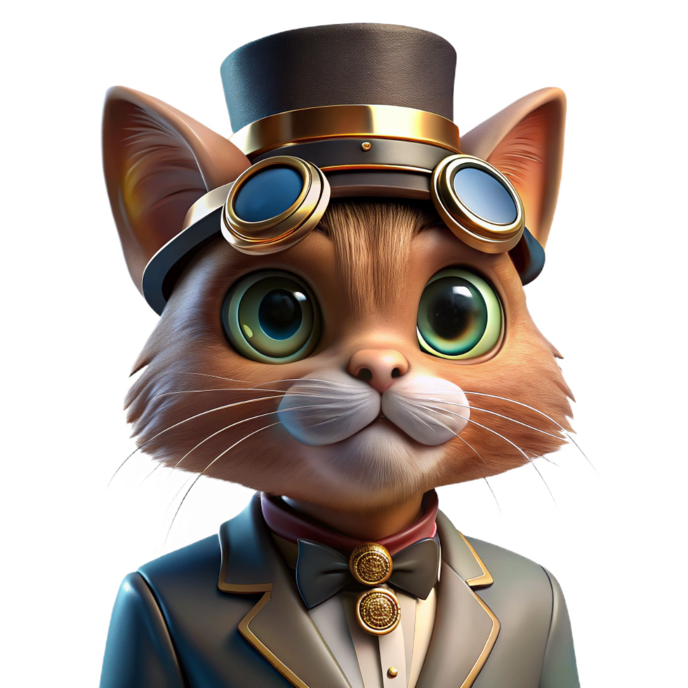 elegant passionate modern A portrait of a steampunk cat wearing a monocle and top hat, warm, Rembrandt lighting, realistic style detailed png
