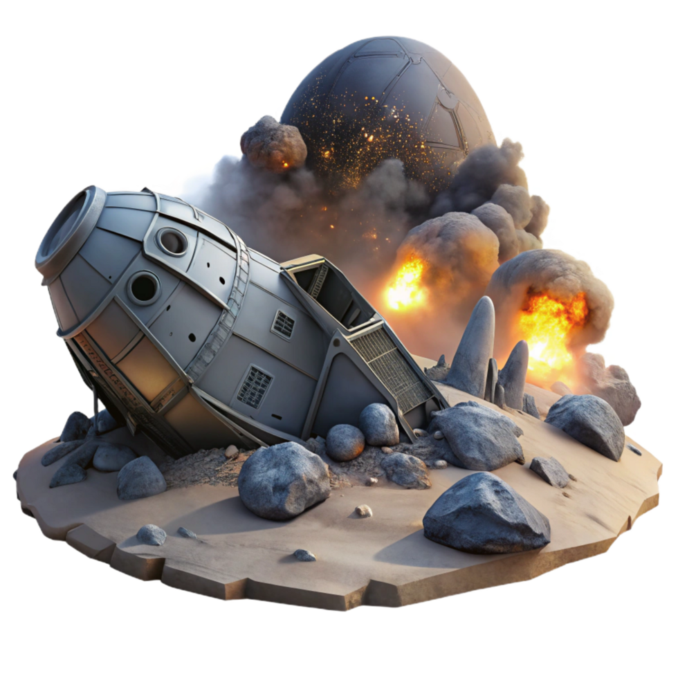 pristine unforgettable A crashed spaceship on a desolate alien planet, smoke rising from the wreckage, lit by the eerie glow of a nearby nebula. Photorealistic, dramatic lighting png