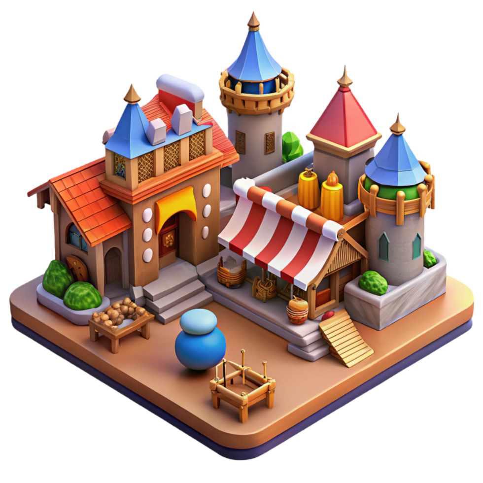 notable geometric A bustling medieval marketplace, vibrant colors, detailed architecture, lively atmosphere, isometric perspective, 4K png