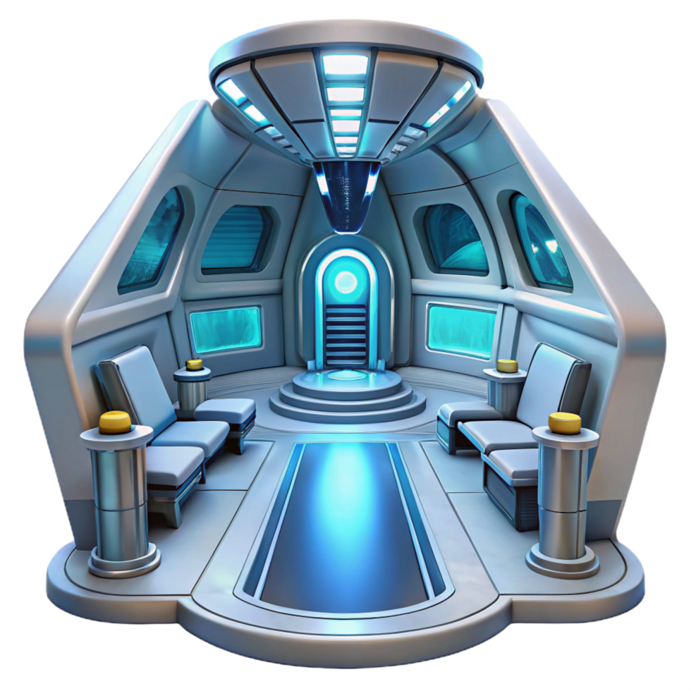 reflective striking A futuristic spaceship interior, sleek and minimalist design, science fiction style, digital art, sharp png