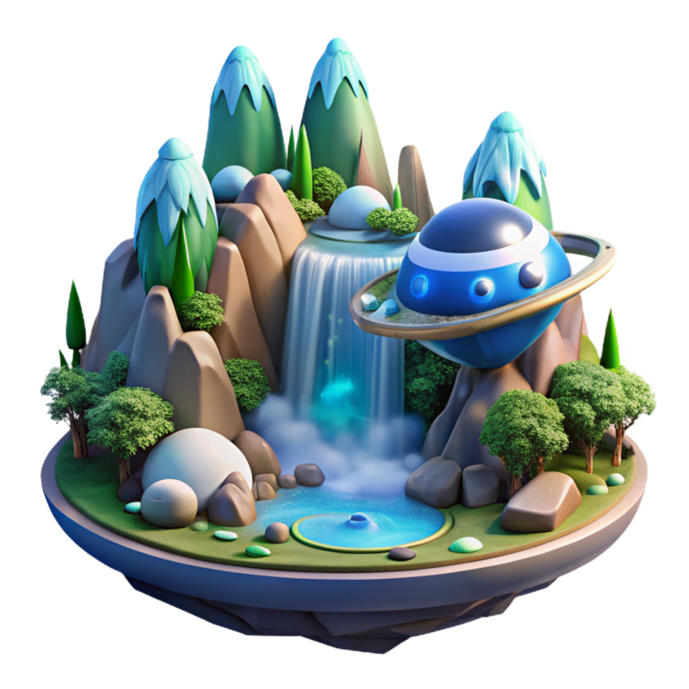 bold splendid A spaceship landing on a water covered planet, cascading waterfalls and lush vegetation, tranquil and serene, fantasy art style sharp png