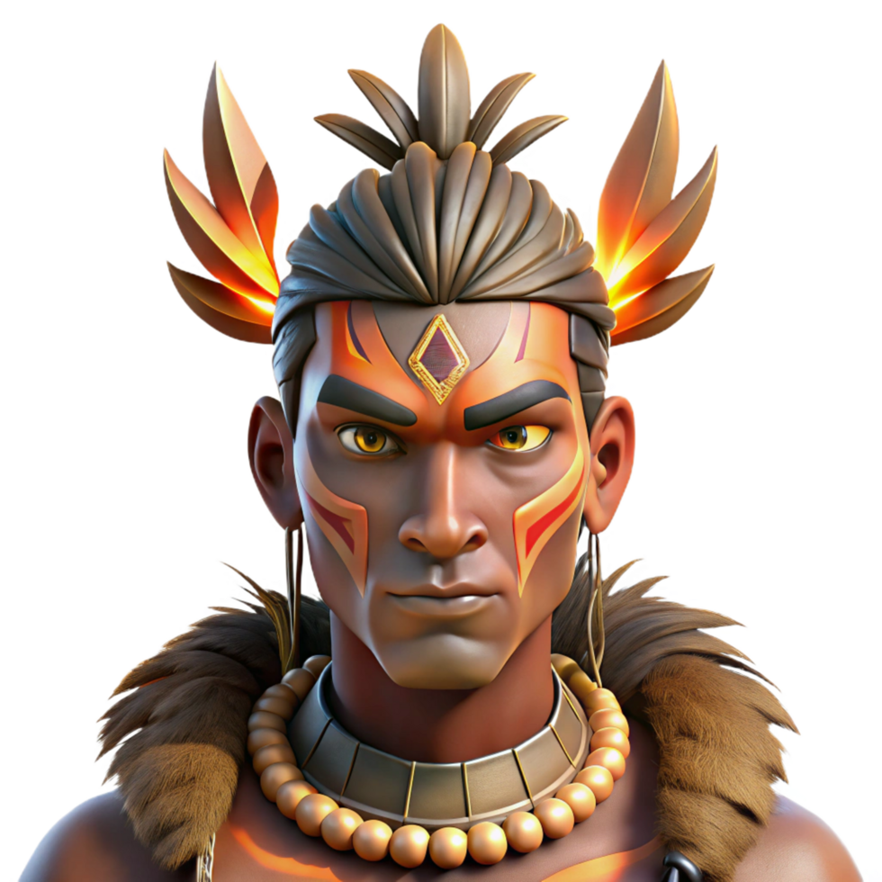 breathtaking exemplary Portrait of a tribal warrior with intricate face paint and feathers, lit by a bonfire, indigenous art style png