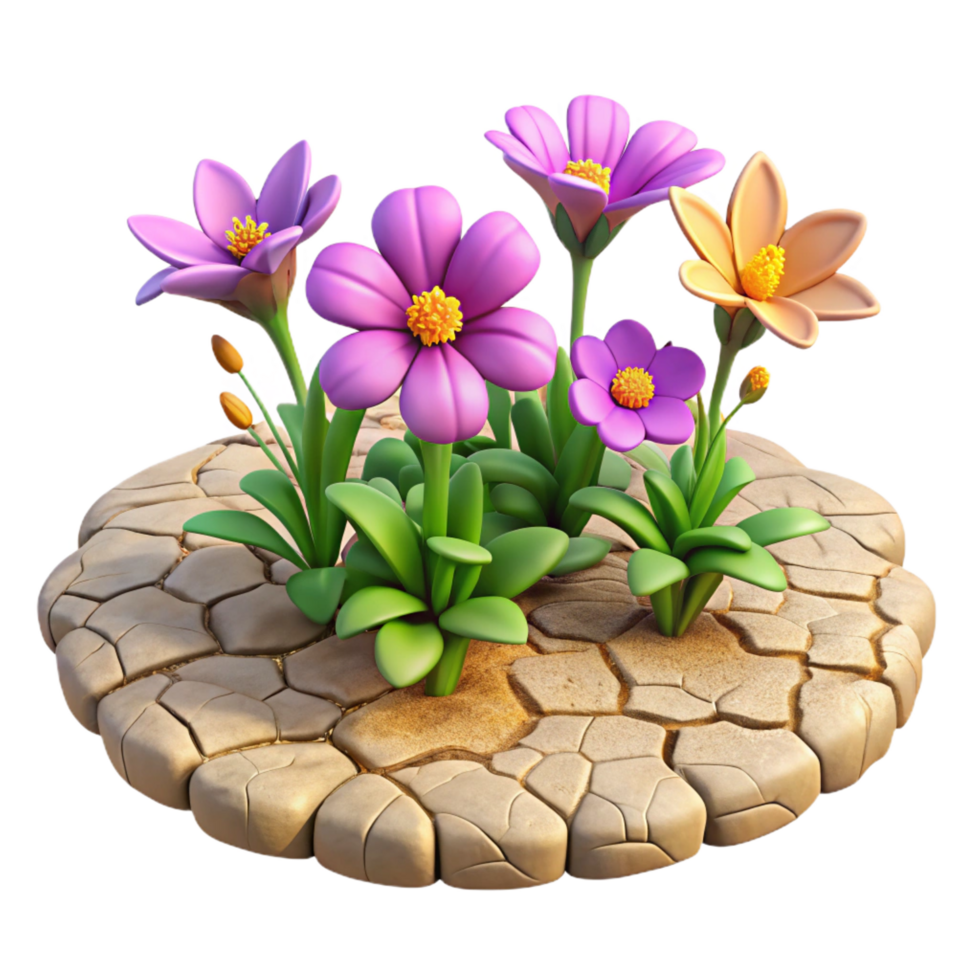 enchanting rare A cluster of vibrant wildflowers growing in a cracked desert landscape. Detailed textures, contrasting colors png
