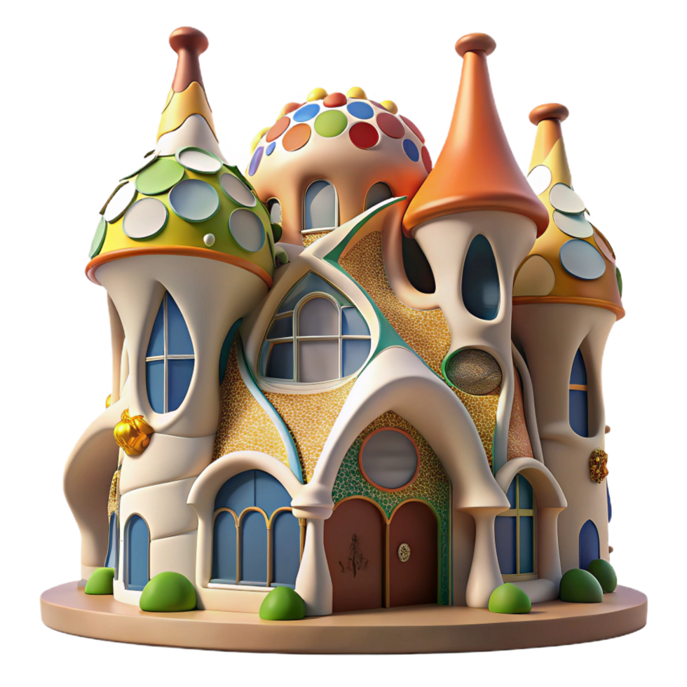 energetic wonderful Gaudi inspired building, organic shapes and colorful mosaics, bright sunlight, whimsical, art nouveau style premium png