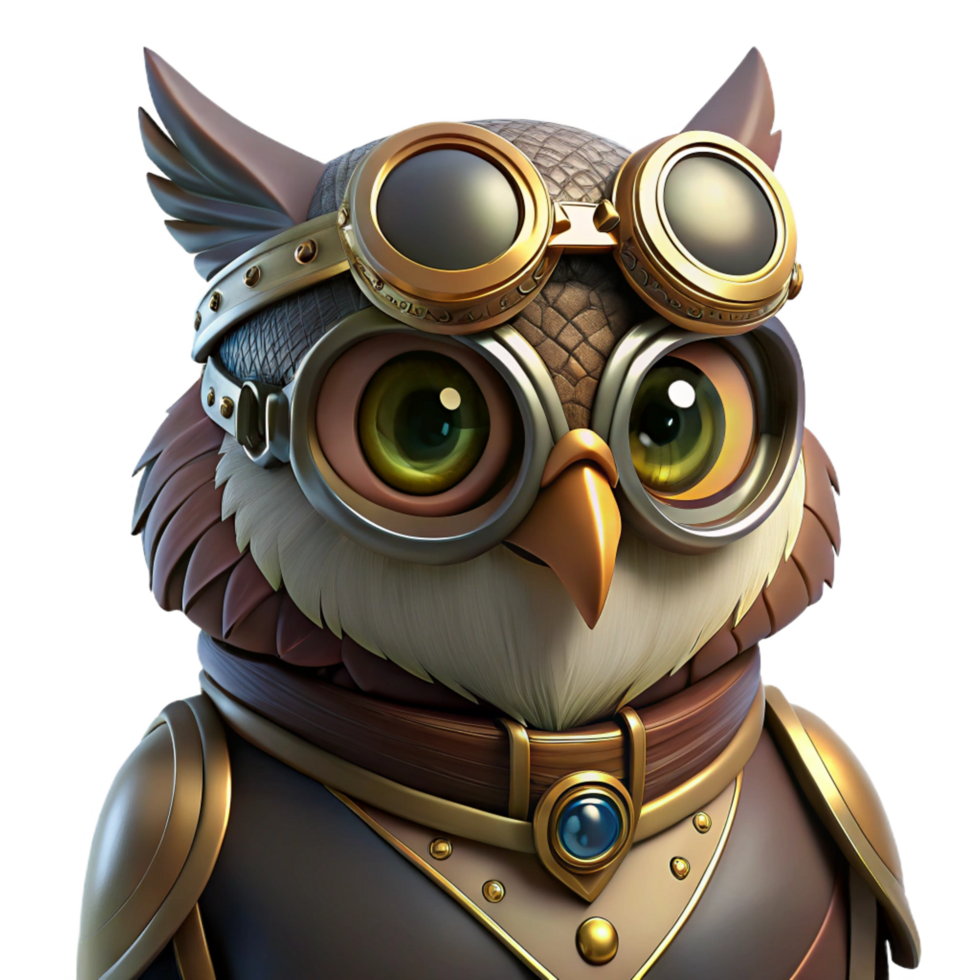 vibrant futuristic A close up portrait of a steampunk owl, goggles and intricate brass mechanisms, dark, moody lighting, hyperrealistic style artisan png