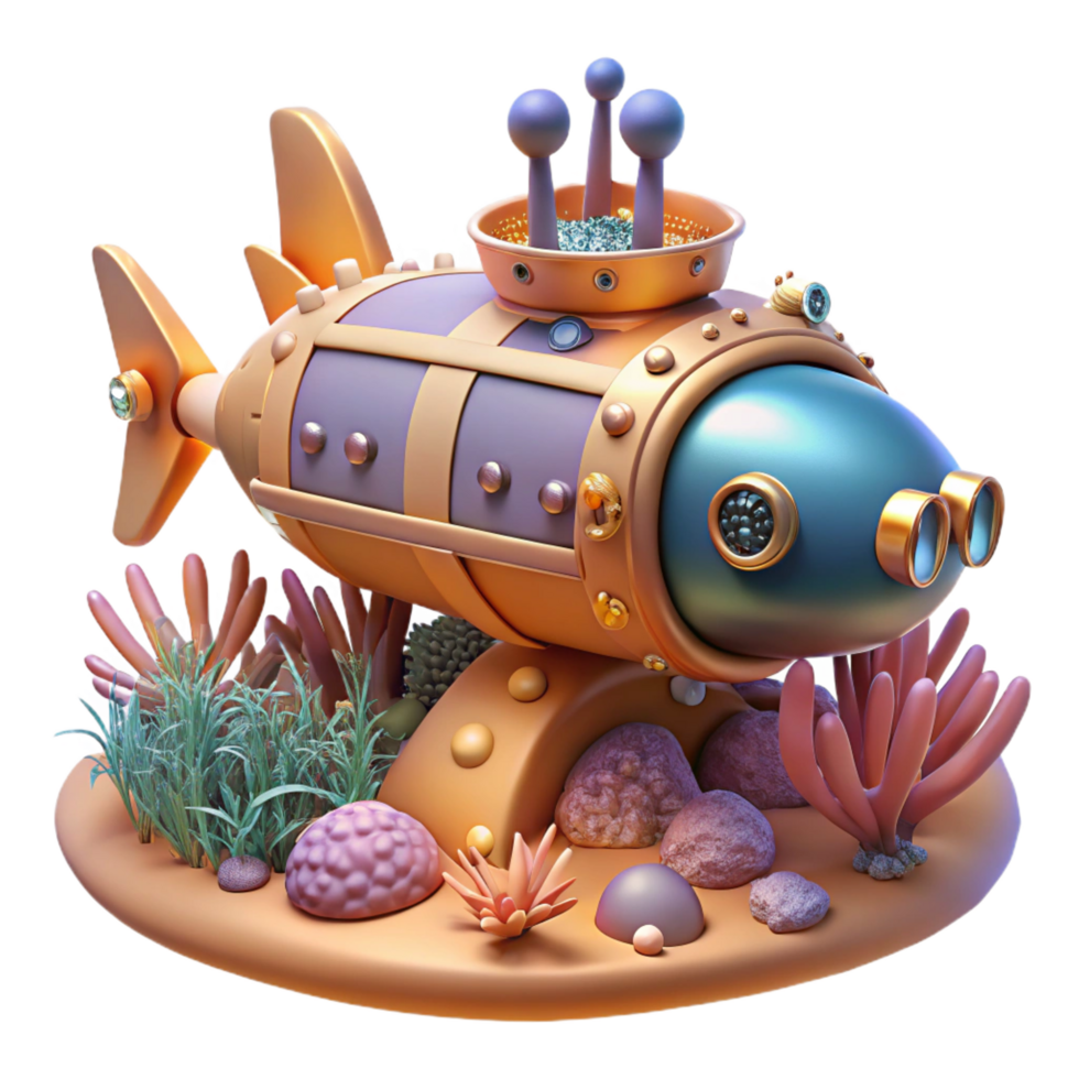 mysterious exquisite A steampunk submarine navigating a coral reef, vibrant, underwater lighting, science fiction style flawless png
