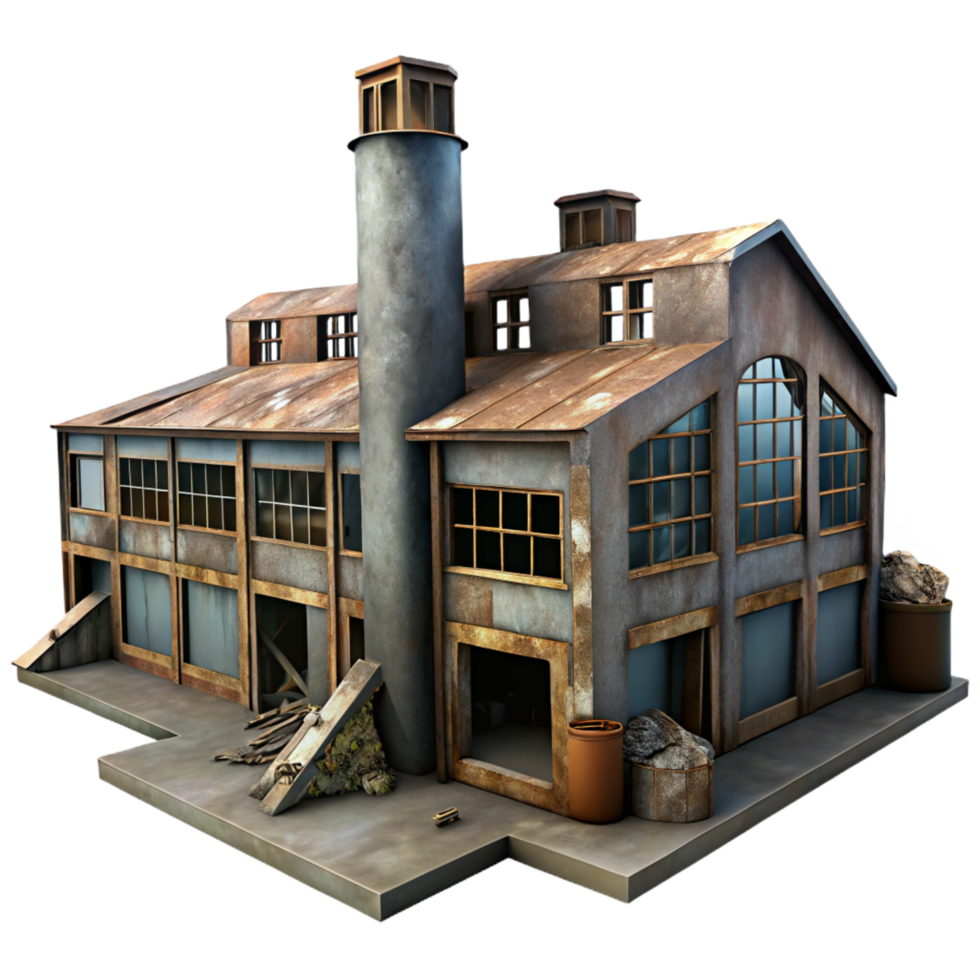 playful alluring An abandoned factory, rusting metal and broken windows, dim light, apocalyptic style, photorealistic, sharp png