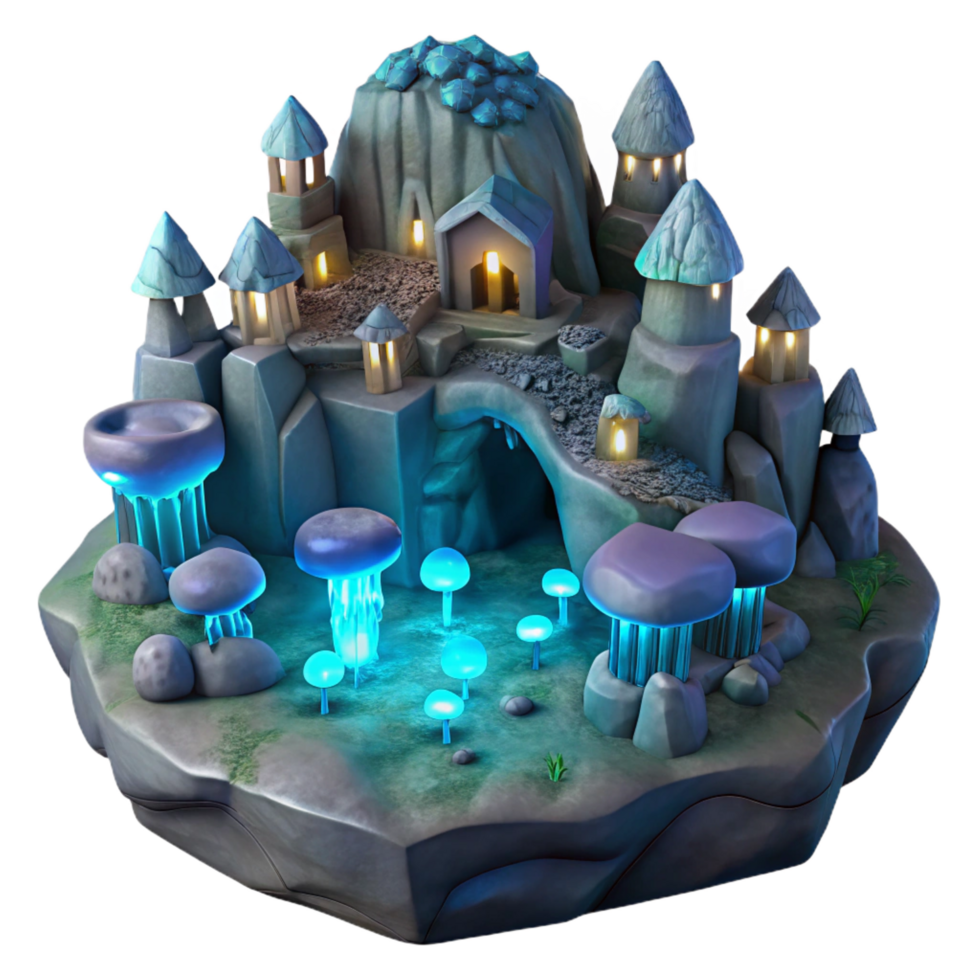 picturesque mysterious creative Underground city carved into rock, bioluminescent fungi lighting, fantasy style, matte painting, authentic png