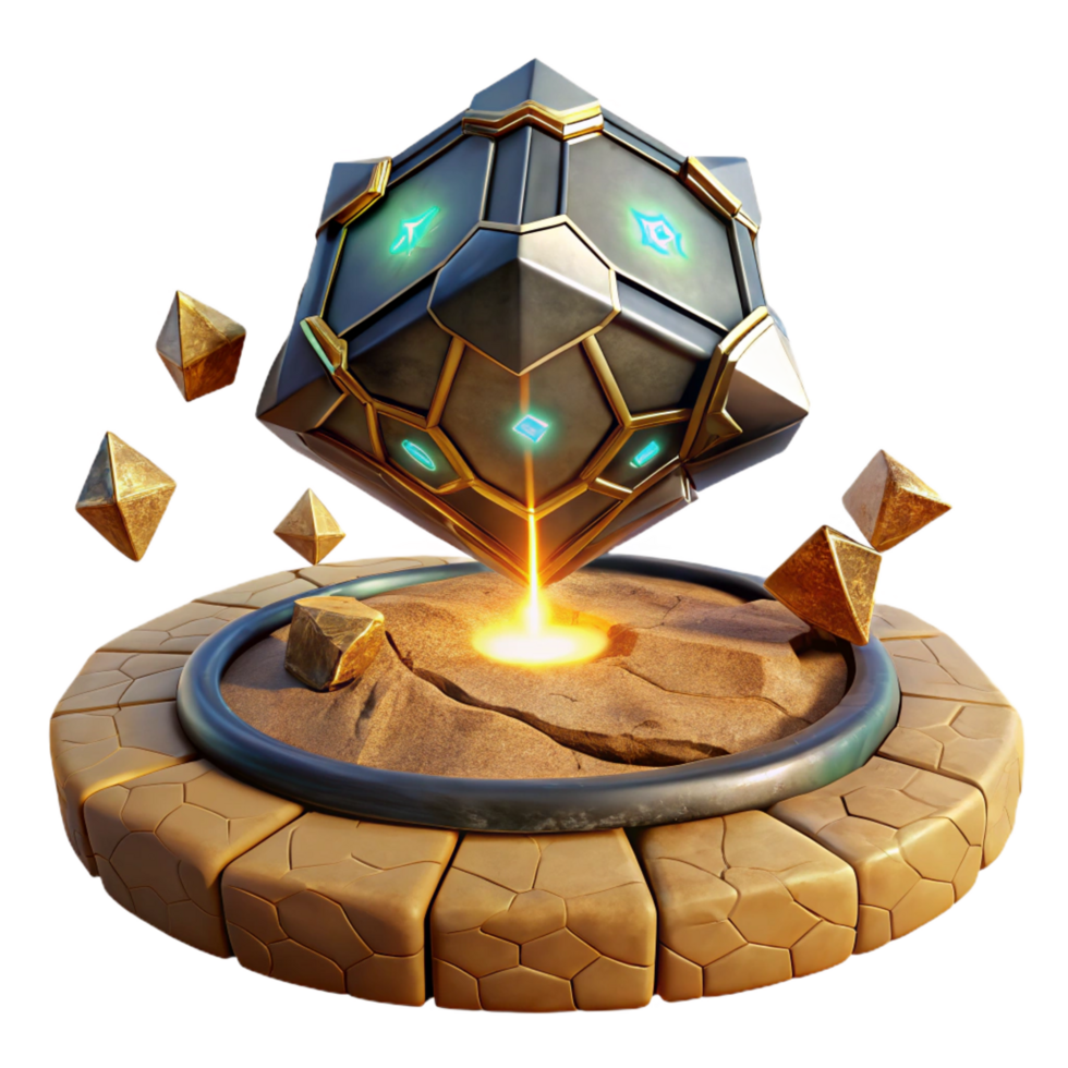 mysterious hypnotic An ancient alien artifact, covered in glowing runes, levitates above a cracked desert floor. Warm, golden lighting. Fantasy art style genuine png