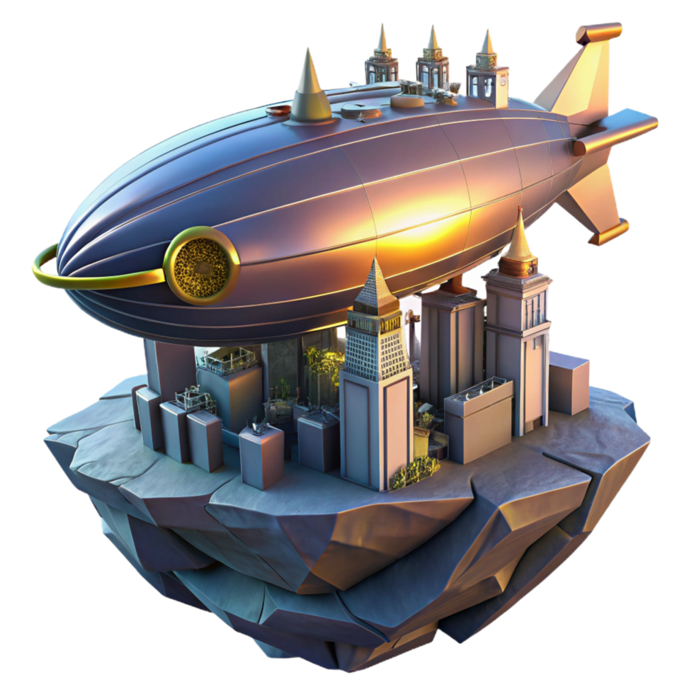bold wonderful A steampunk zeppelin docking at a floating city, futuristic, sunset lighting, science fiction style high resolution png