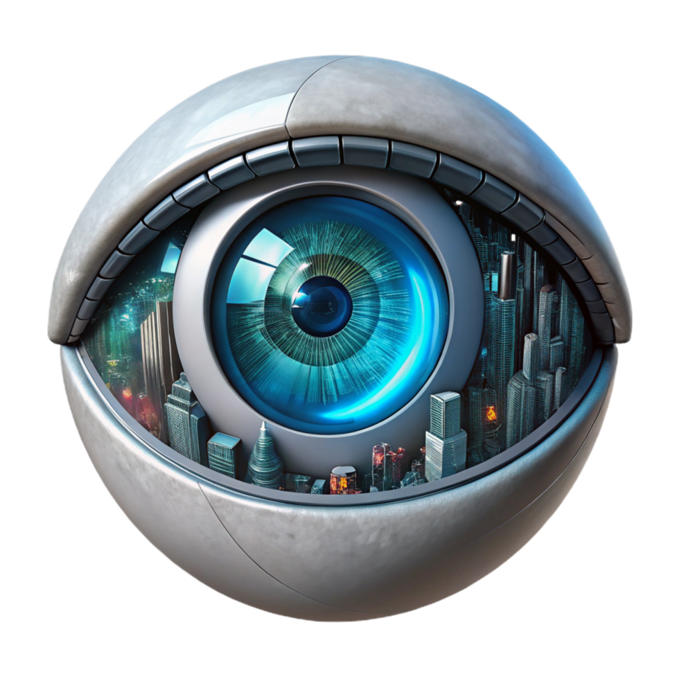 pristine distinctive A close up of a cyborg s eye, intricate mechanical details visible, reflecting a futuristic cityscape. Cyberpunk style, high detail png