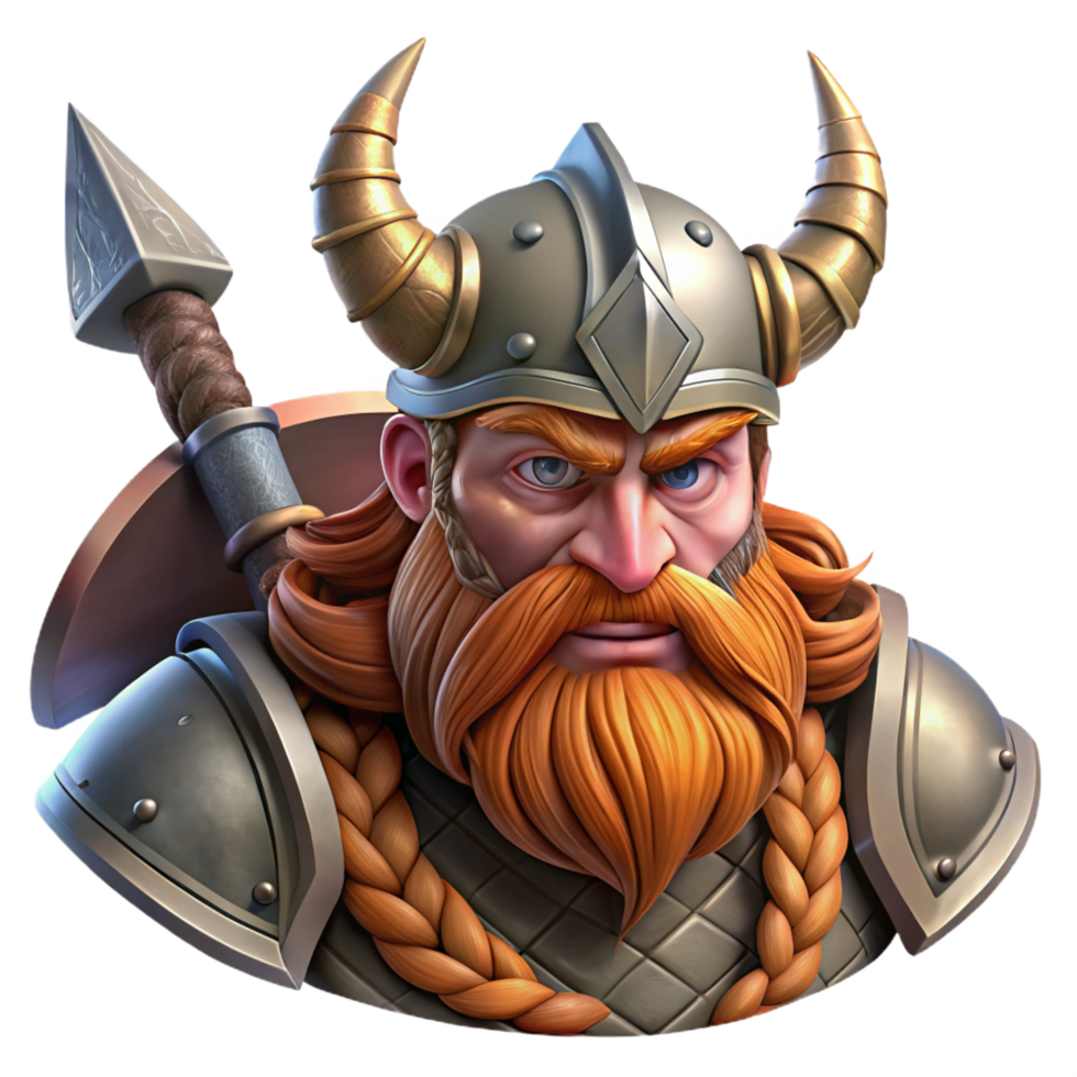 mesmerizing nordic Portrait of a fierce Viking warrior with braided beard, horned helmet, and wielding a battle axe. Dramatic, stormy lighting. Digital painting style masterfully captured png