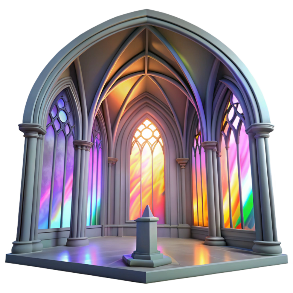 splendid calm impressionist Gothic cathedral interior, stained glass casting colorful light, ethereal atmosphere, ray tracing, photorealistic, masterfully captured png