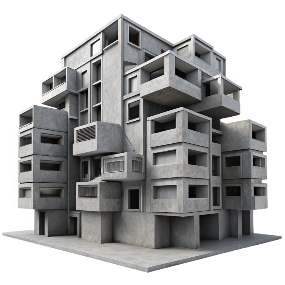 vibrant futuristic A Brutalist concrete apartment complex, repetitive geometric patterns, harsh shadows, dystopian atmosphere, monochrome, expertly shot png