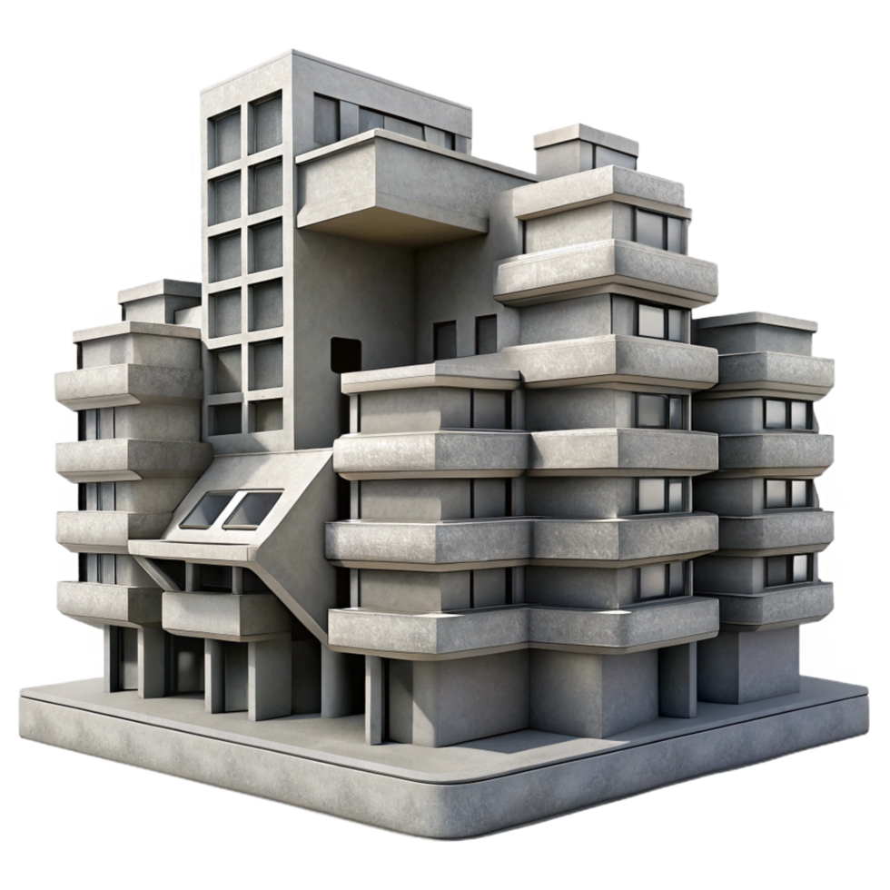 fascinating ethereal rustic A Brutalist concrete apartment complex, repetitive geometric patterns, harsh shadows, dystopian atmosphere, monochrome, gallery standard png