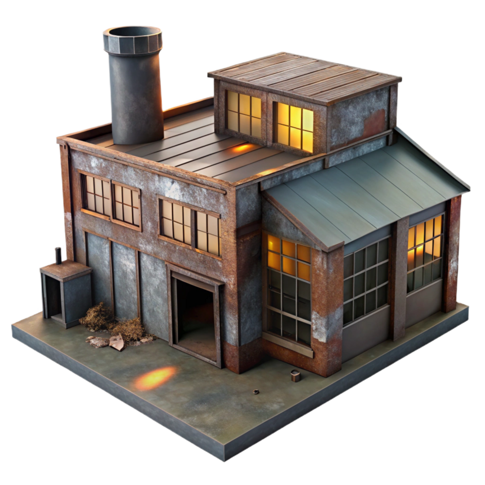 harmonious immaculate An abandoned industrial factory, rusty metal, broken windows, eerie atmosphere, dimly lit, photorealistic, studio quality png