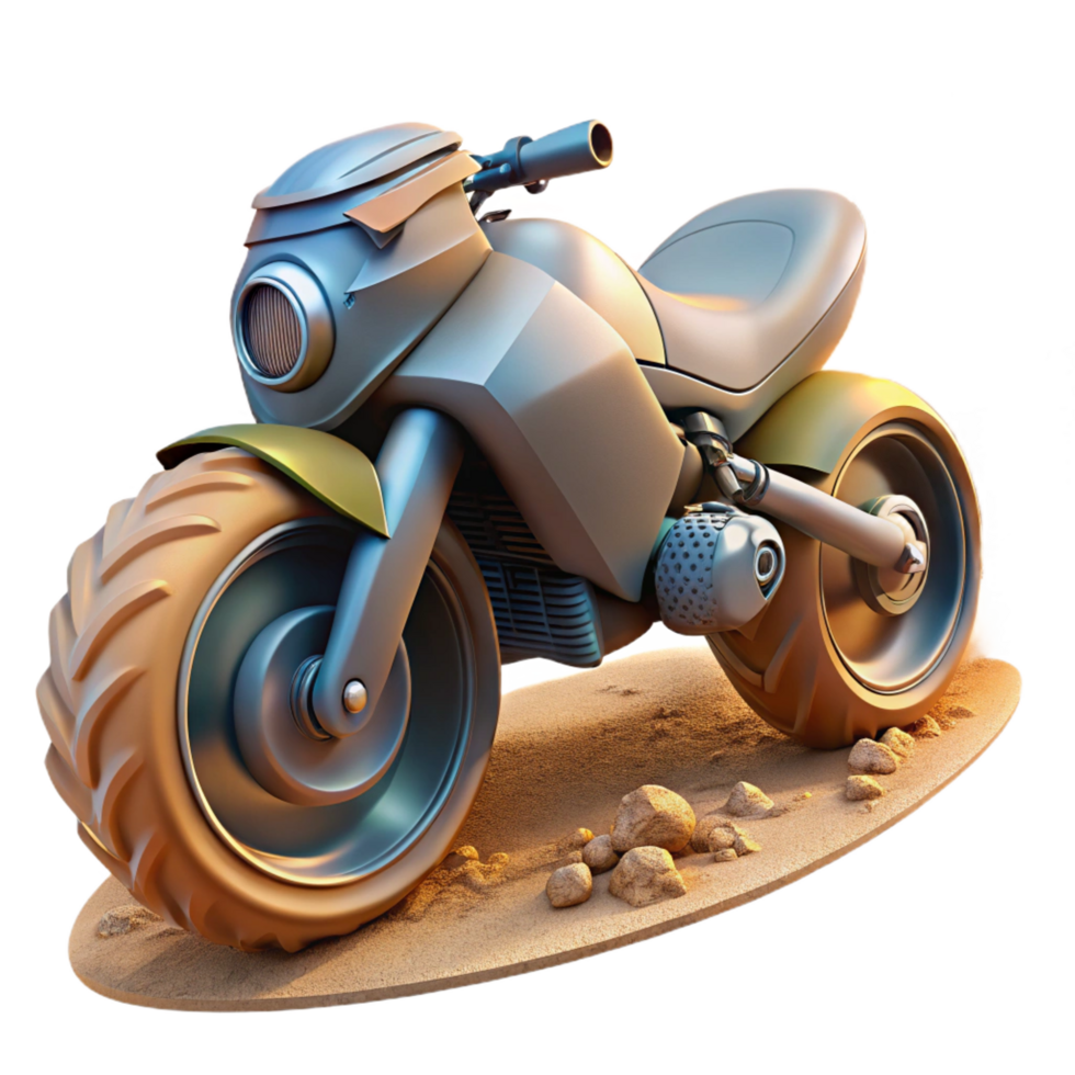 standout geometric A futuristic motorcycle speeding through a desert landscape, kicking up dust and sand. Cyberpunk style, gritty textures museum quality png