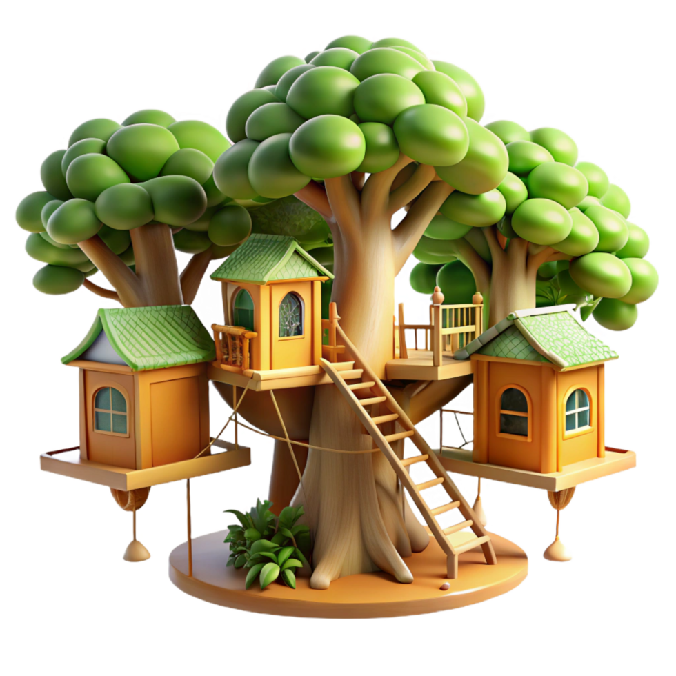 rare modern Treehouse village connected by rope bridges, dappled sunlight filtering through leaves, whimsical style, elite png